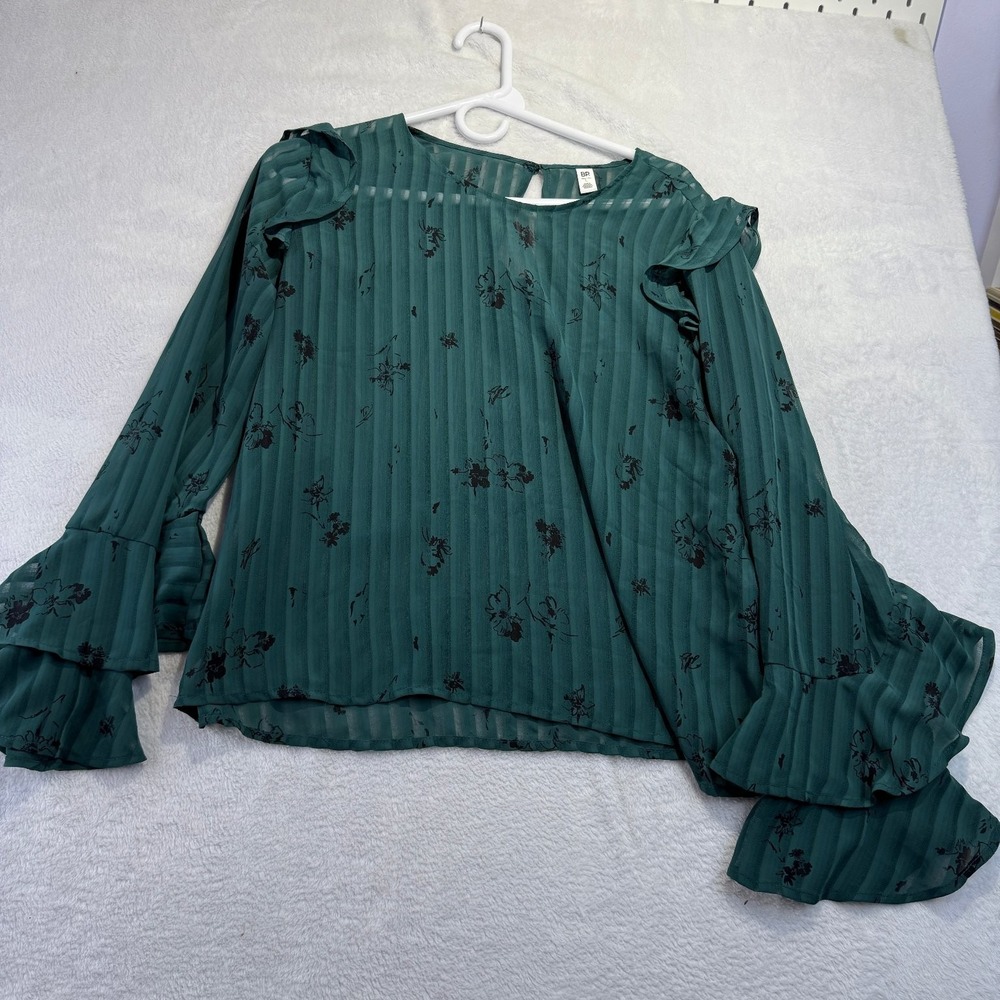 BP Sheer Blouse L Green Floral Ruffle Sleeve Romantic Cottagecore - Picture 2 of 4